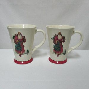 Hallmark Vintage Santa Mug Cup Set 2 w/ Holly pink & mauve RARE
